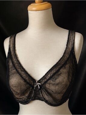 Cacique Black Lace Overlay Underwire Bra Sheer Floral Lace Full Coverage